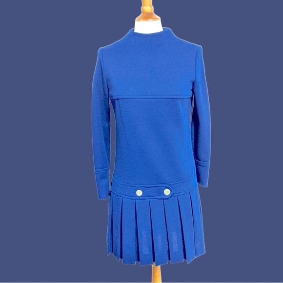 VINTAGE Jonathan Logan dress szS/M 60s Mod blue 70s 60's VTG pleats dropwaist - Picture 1 of 9